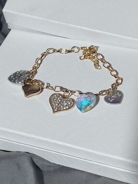 Gold-Tone Heart Charm Bracelet with Multicolor Crystal Accent